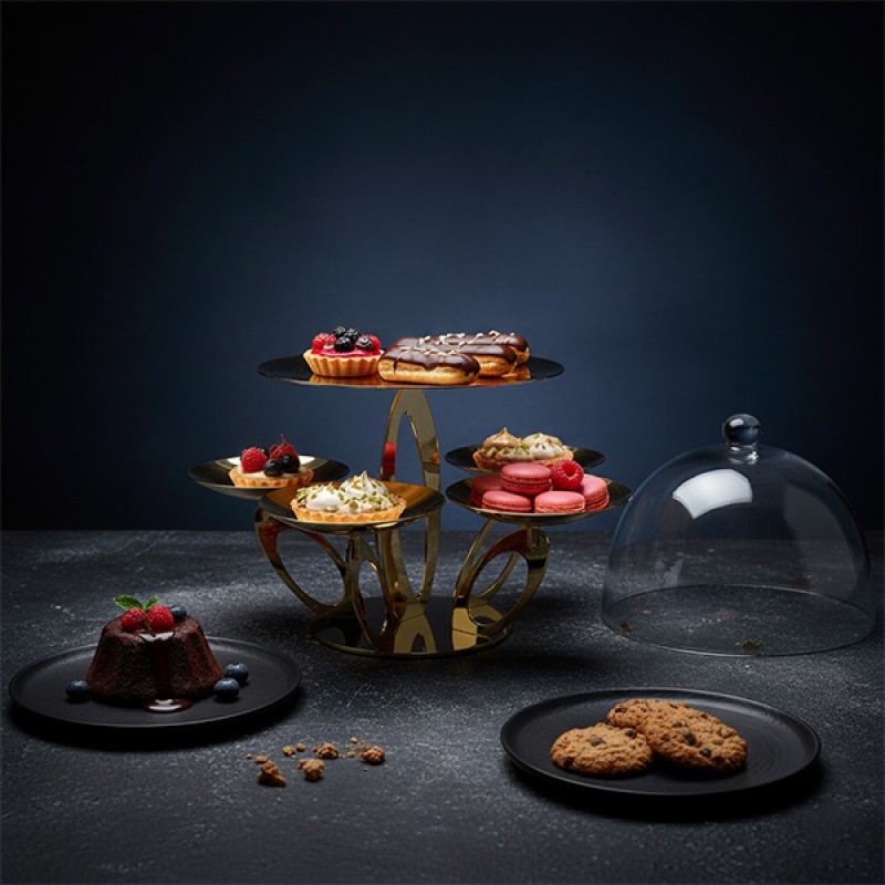 STAND W/5 CUPS & PLATE W/GLASS DOME GOLD PLATED