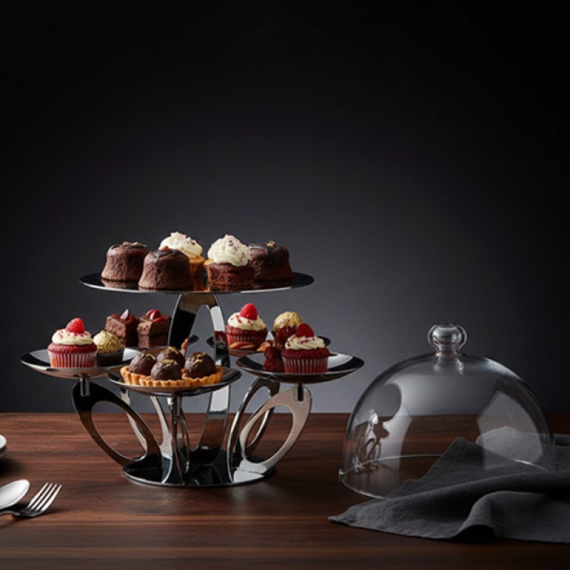 STAND W/5 CUPS S/S & PLATE W/GLASS DOME