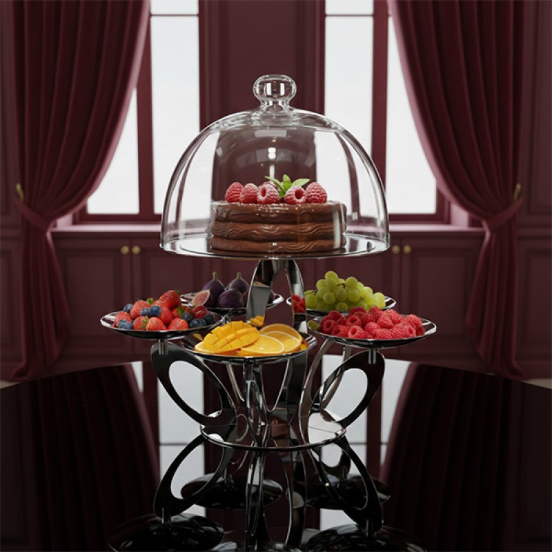 STAND W/5 CUPS S/S & PLATE W/GLASS DOME