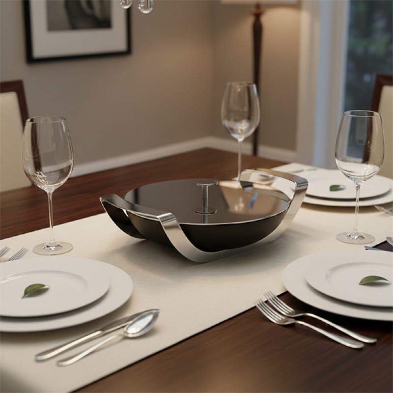 BLACK ROUND DISH - STAINLESS STEEL HOLDER & LID