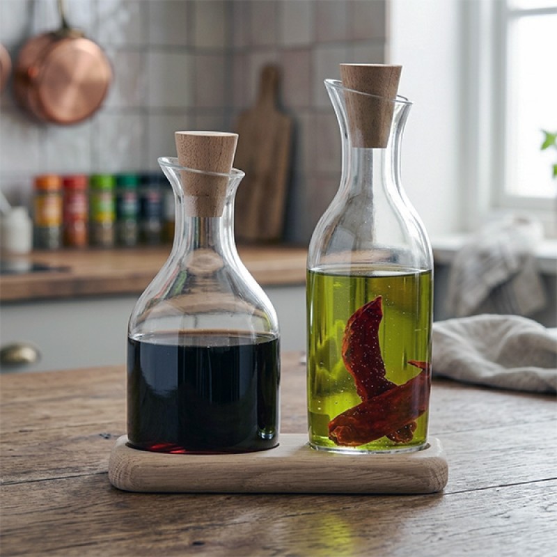 SERVE OIL & VINEGAR SET & OAK BASE