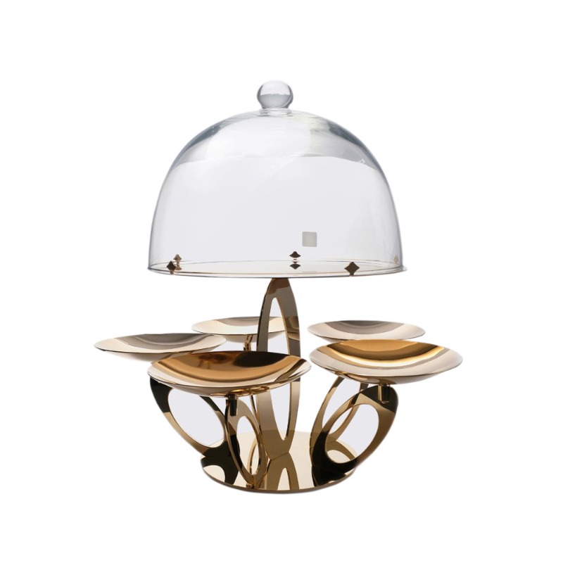 STAND W/5 CUPS & PLATE W/GLASS DOME GOLD PLATED