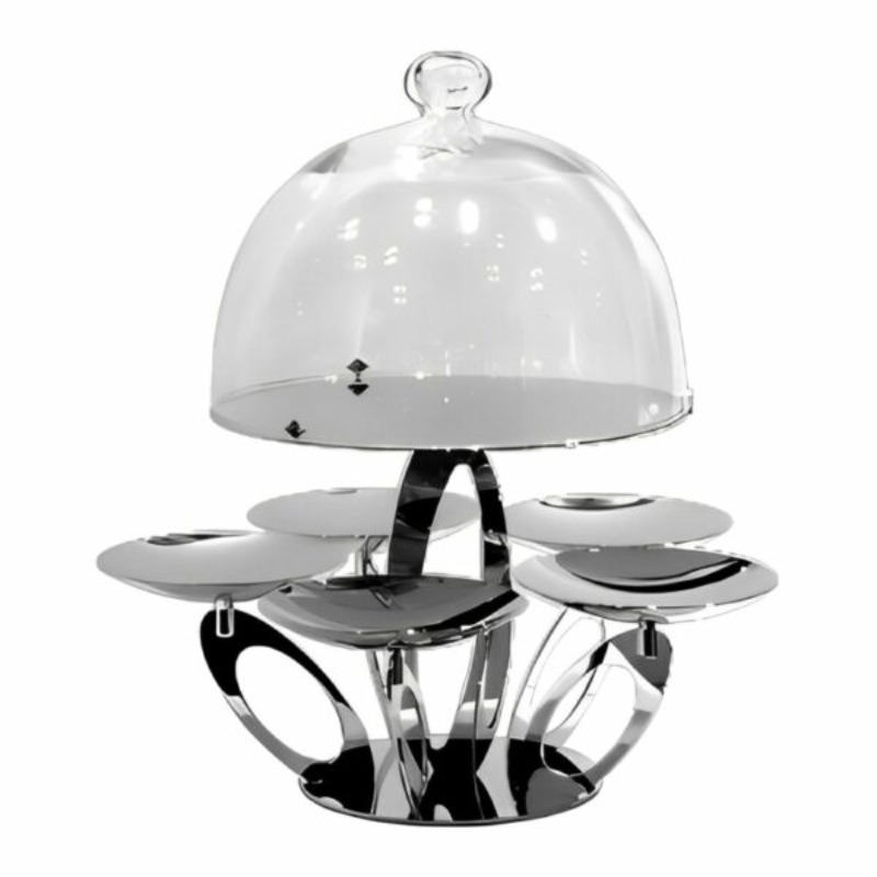 STAND W/5 CUPS S/S & PLATE W/GLASS DOME