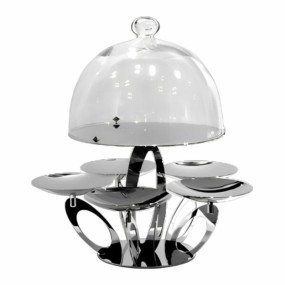 STAND W/5 CUPS S/S & PLATE W/GLASS DOME