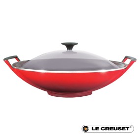 36CM CAST IRON WOK WITH GLASS LID - CERISE